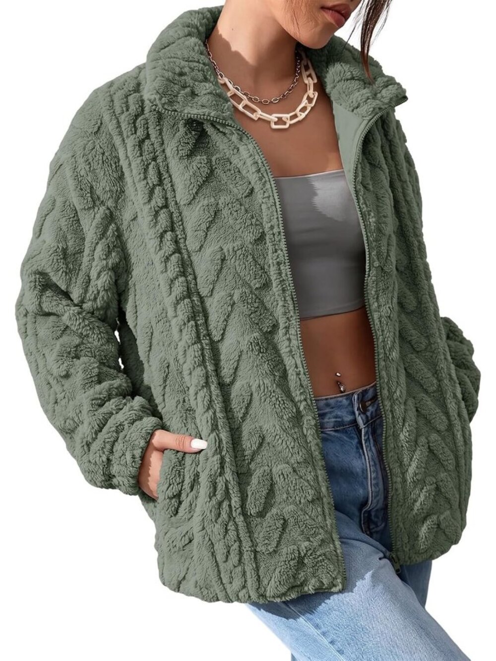 Women's Blackish Green Sherpa Fabric Coat Loose Fit Zipper Front Fleece Jacket